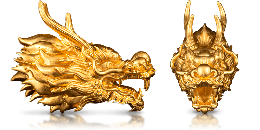 Srebrna moneta 3D Głowa Smoka - bok, front